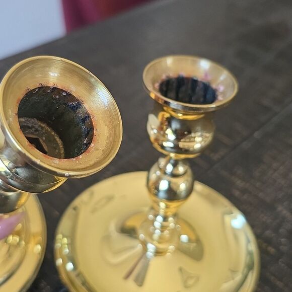 2 Polished Brass Elegant Gold Taper Candlestick Holders Sz 4.5' & 5' Short - Picture 11 of 12